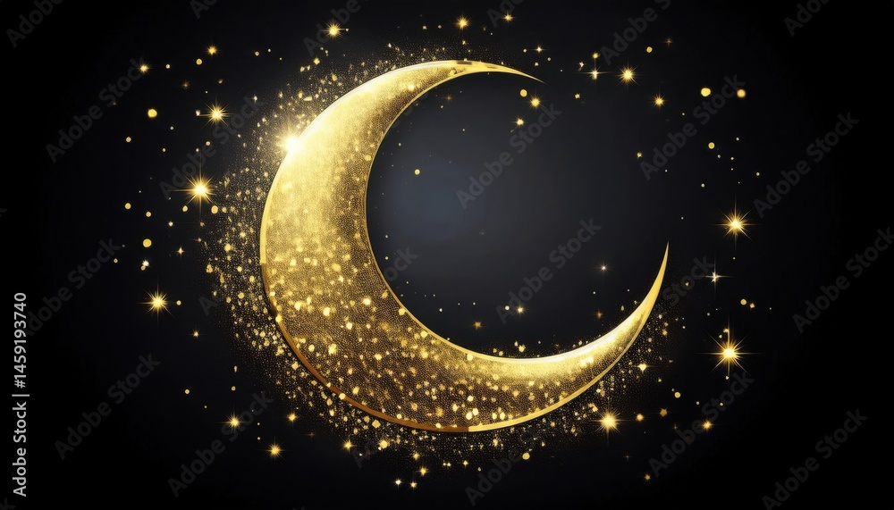 Poster golden crescent moon with sparkling stars ramadan graphic for web design and print media