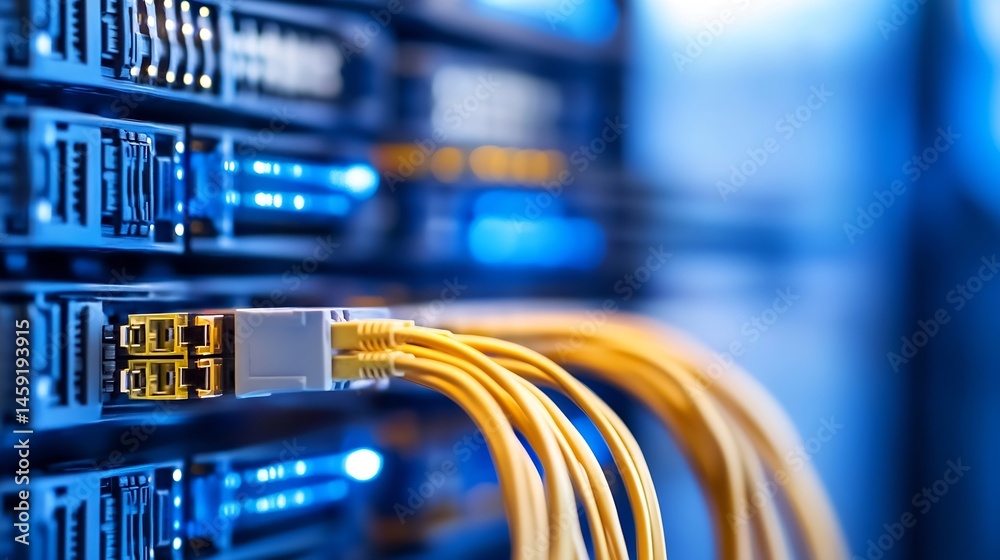 Fototapete Close-up view of fiber optic cables connected to a server rack, showcasing the intricate details of data transfer technology and network infrastructure. : Generative AI
