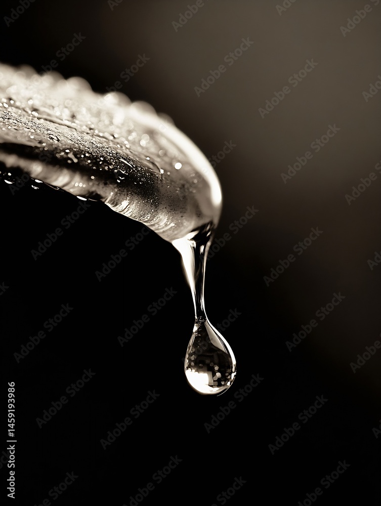 Poster a single, glistening water droplet hangs precariously, poised to fall from a surface textured with n