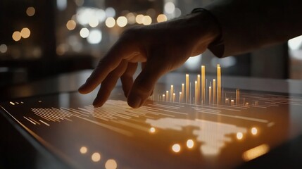 Analyzing data on a touch screen device.  A hand interacts with glowing graphical representations of data, including charts and maps, projected on a tablet-like surface