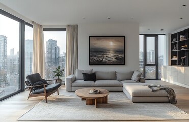 Fototapeta premium Modern living room with city view, sunset artwork