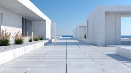 Modern Minimalist Architecture Ocean View Concrete Pathway and Buildings