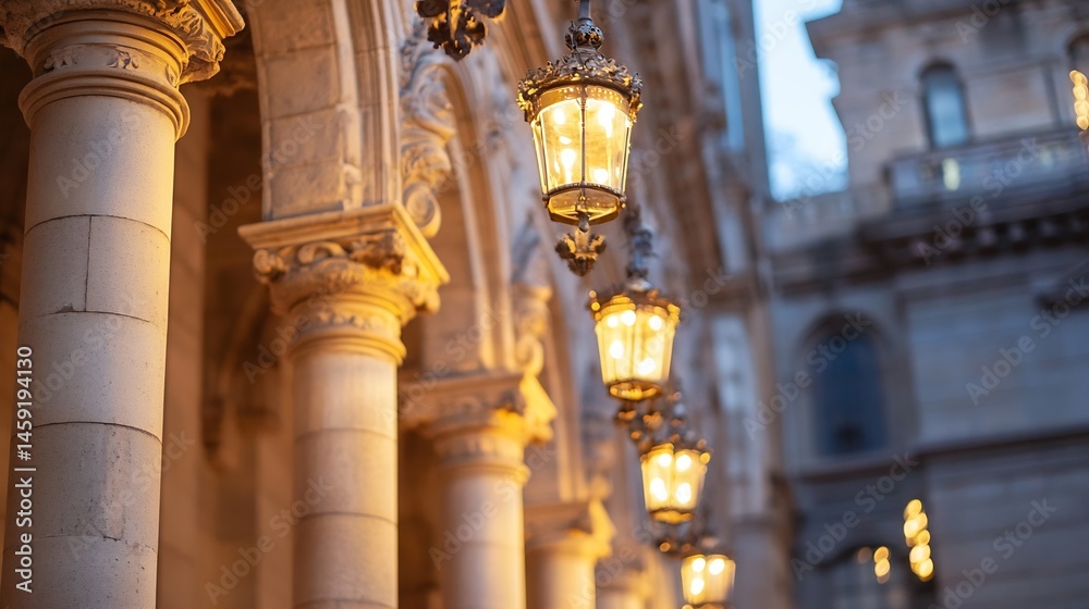 Aufkleber elegant antique lanterns illuminate a row of classical columns at dusk, casting a warm glow on the o