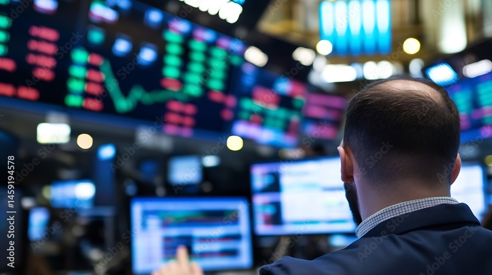 Poster a stockbroker intently monitors financial data displayed on numerous screens in a bustling trading f