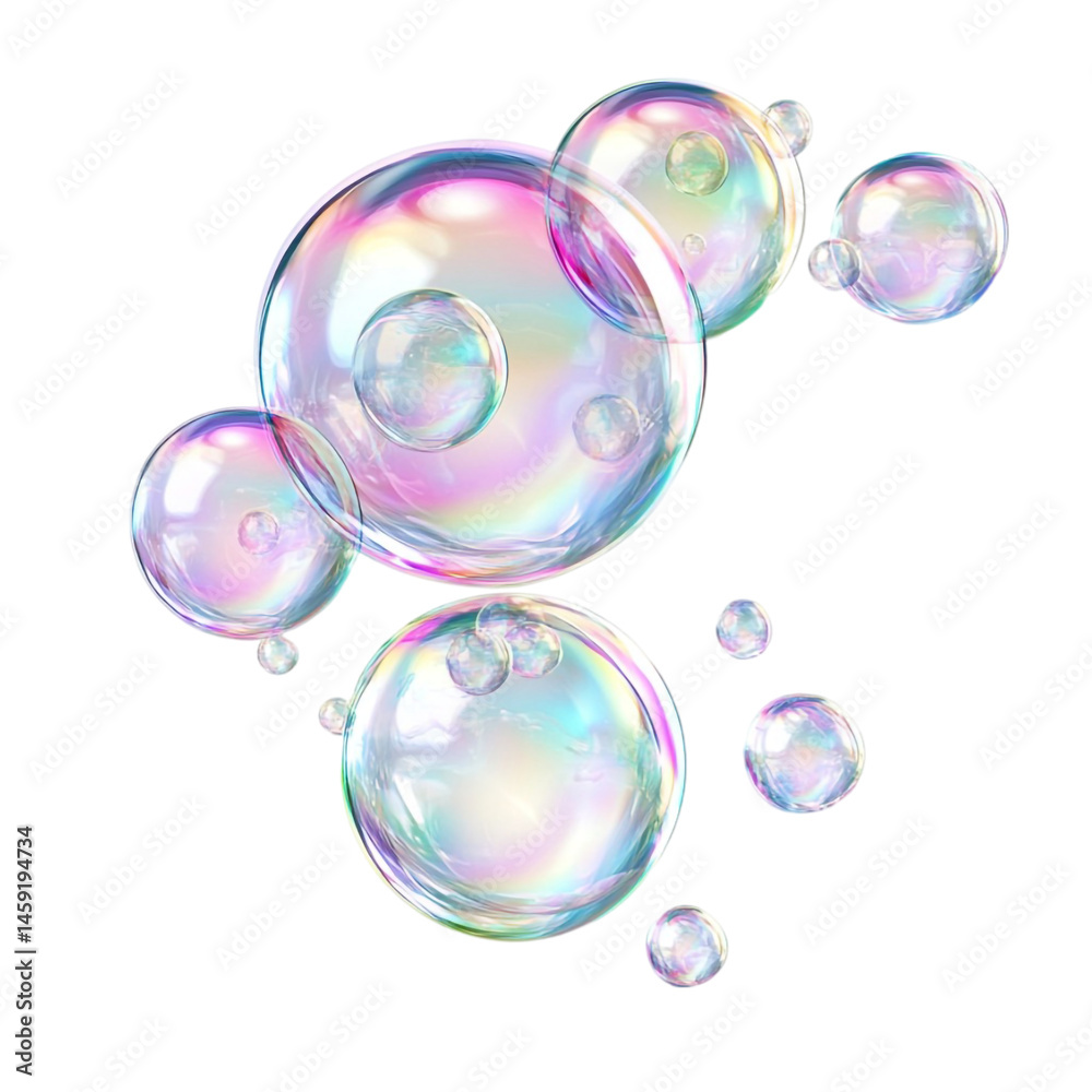 Wall mural iridescent soap bubbles floating on black background a cluster of different sizes and shades of rain
