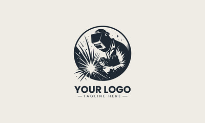 Silhouette of welder wearing protective gear working with bright sparks in vector logo illustration design