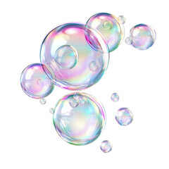 Iridescent soap bubbles floating on black background a cluster of different sizes and shades of rainbow colors