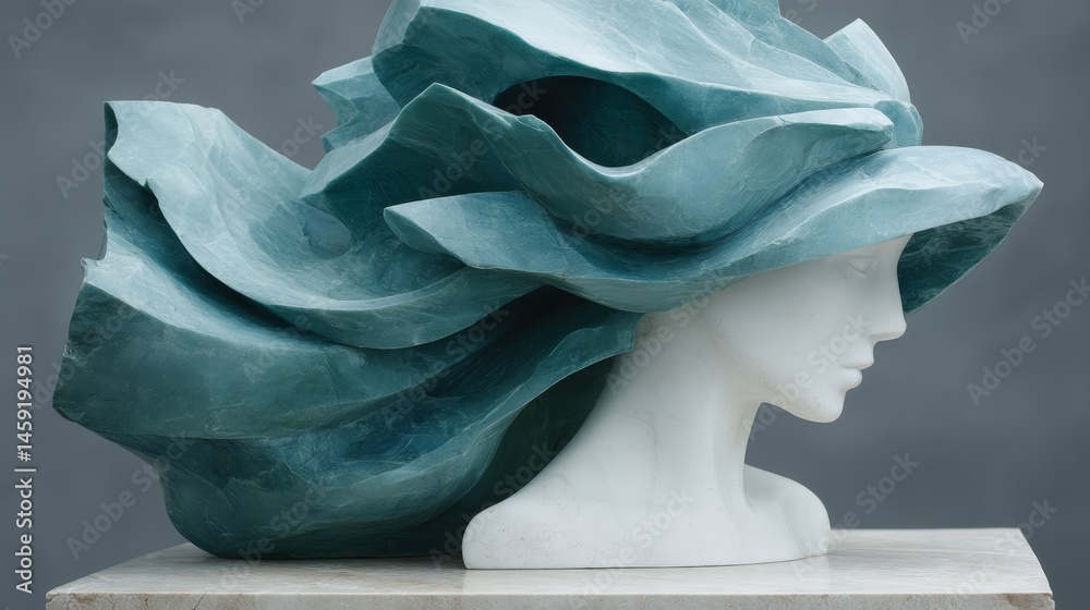 Poster close-up of a stylized sculpture featuring a face that seamlessly merges with swirling abstract shap