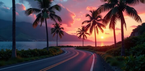 Coastal road winding through palm grove at dusk, misty atmosphere, ocean waves