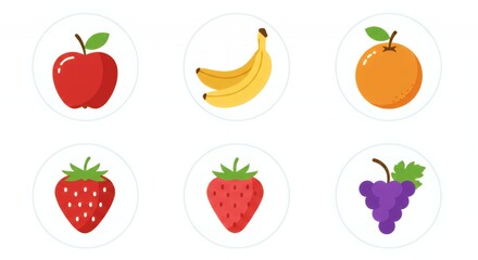 Colorful Fruit Icons: A Delightful Collection of Apples, Bananas, Oranges, Strawberries, and Grapes