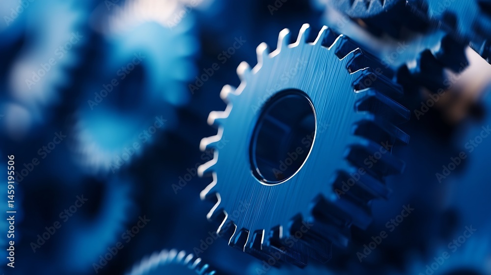 Aufkleber close-up view of intricately detailed blue metal gears, showcasing precision engineering and mechani