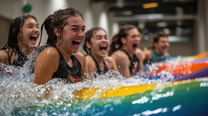 Obraz premium Young women splashing water and having a blast in a pool with joyous expressions and smiles.
