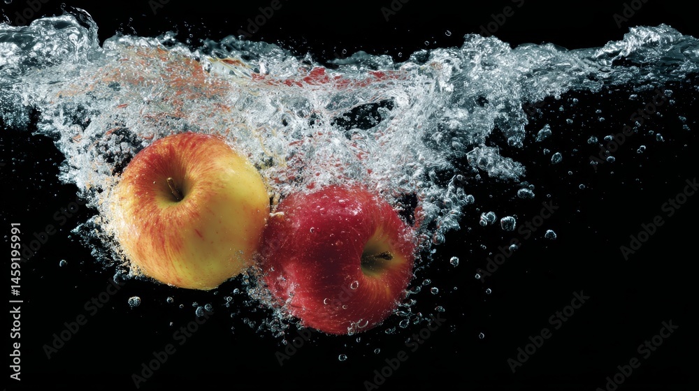 Aufkleber Bright red and yellow apples dive into dark water, creating striking splashes and rising bubbles, showcasing a dynamic and energetic composition with copy space