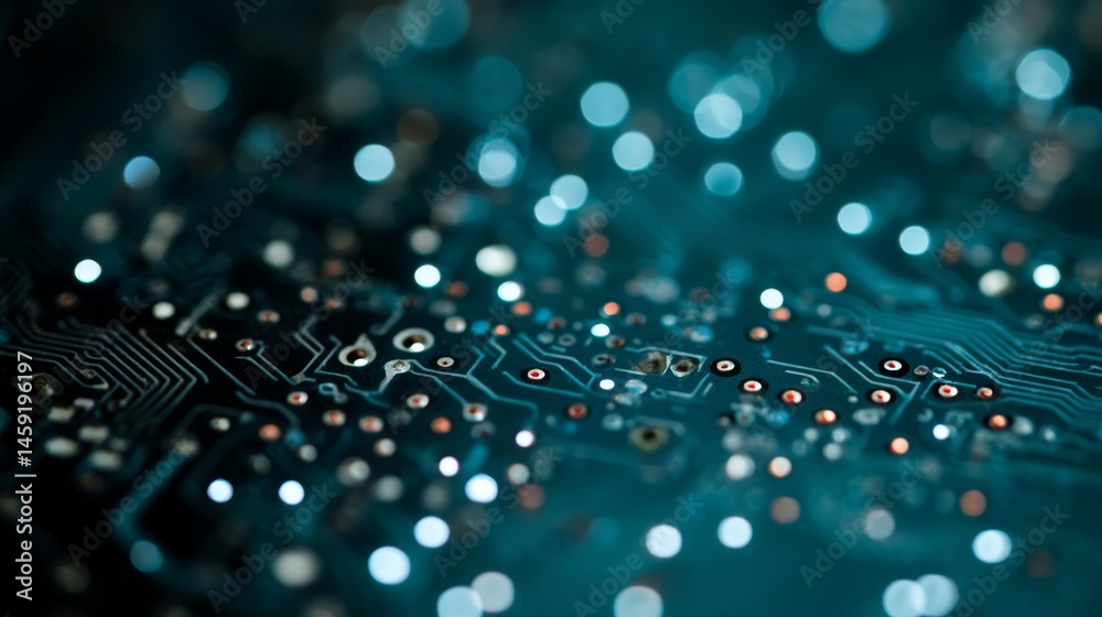 Poster close-up view reveals a glowing cyan circuit design on a sleek black surface, enhanced by subtle bok