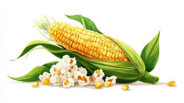Vibrant illustration of fresh corn cob with green husk surrounded by popped popcorn and loose kernels, showcasing natural yellow and green colors in lively composition