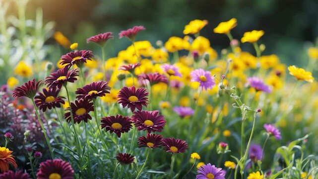 A dazzling mix of vibrant wildflowers blooms in an open garden, forming a colorful and visually appealing arrangement.