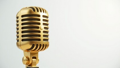 Fototapeta premium Close-up of a gold microphone on white background, isolated on white, studio, retro microphone