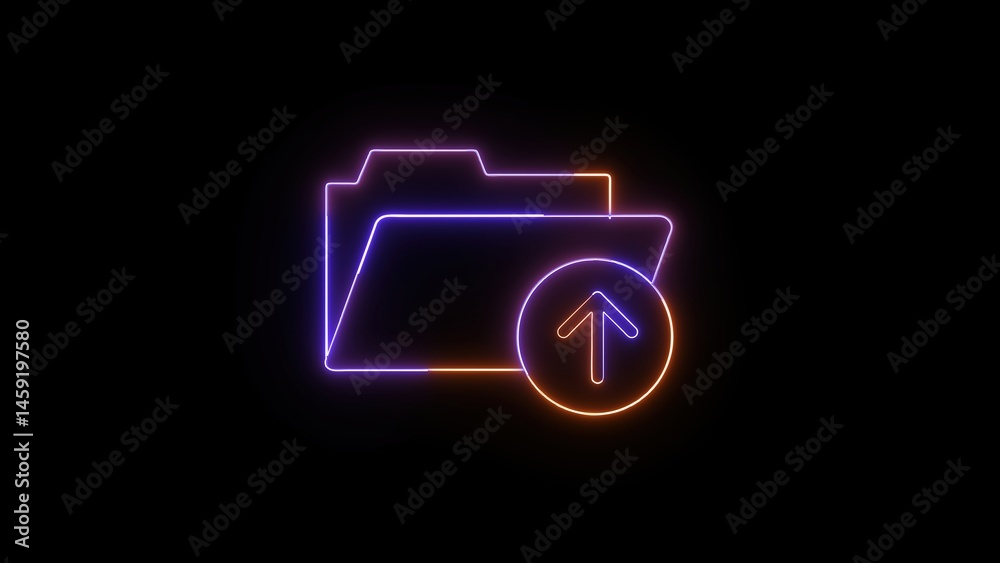 Poster neon folder upload icon on a black background illustrating digital data transfer and cloud storage c