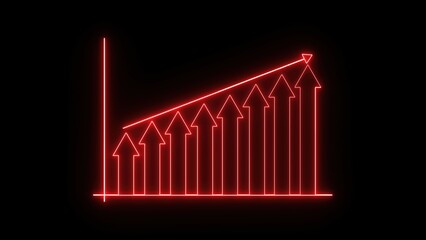 Abstract neon business graph showing upward growth illustrated with red arrows on a dark background represents financial progress and success
