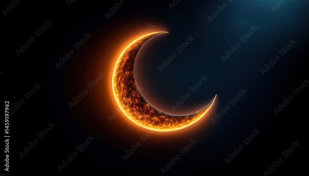 Poster  glowing crescent moon with fiery texture on dark background for ramadan themed web design, digital art, print media, and islamic branding graphics
