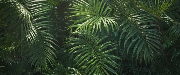 Intricate palm fronds, vibrant emerald & jade hues, sunlight dappled , closeup, greenery, lush