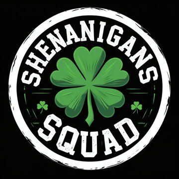 Celebrate camaraderie and luck with the Shenanigans Squad emblem featuring a vibrant green clover