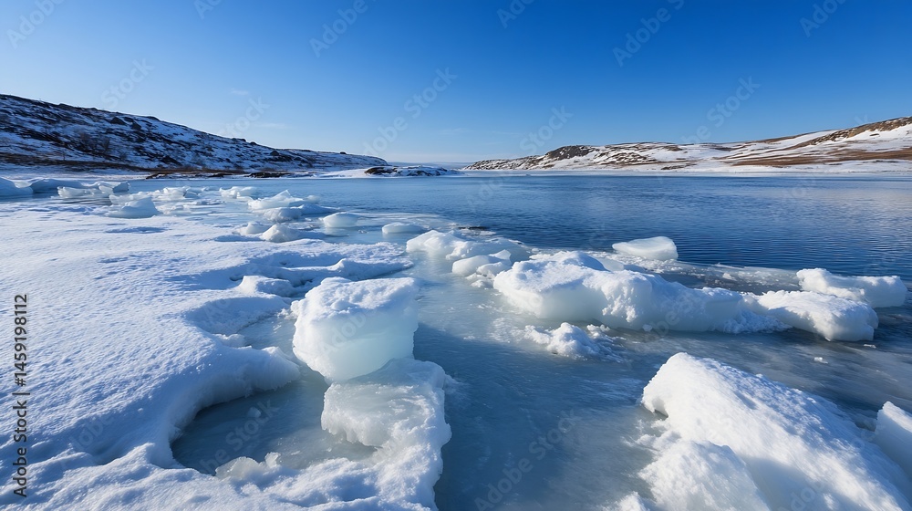 Aufkleber Frozen arctic landscape: a serene view of a snow-covered shoreline with chunks of ice floating on a calm, blue body of water, under a clear, bright sky. : Generative AI