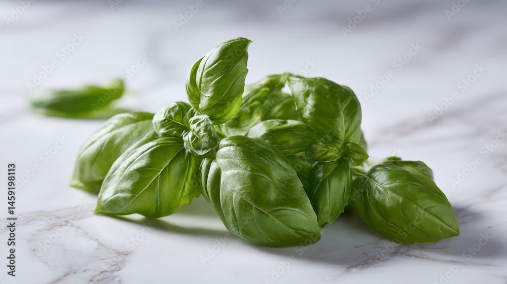 Poster close-up view of fresh basil leaves with visible veins, isolated on a white surface, highlighting th