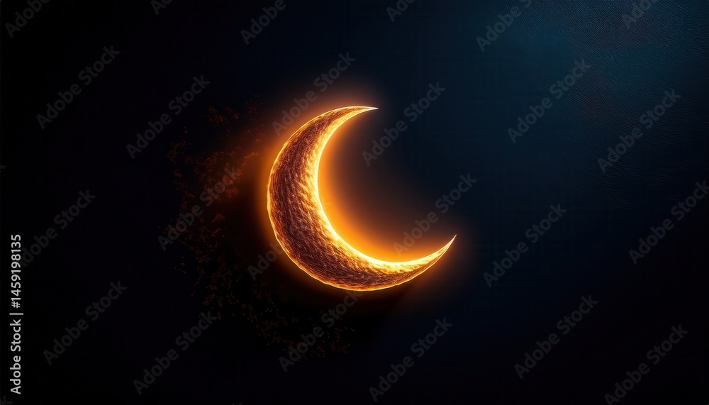 Poster glowing crescent moon with fiery texture on dark background for ramadan themed web design, digital a