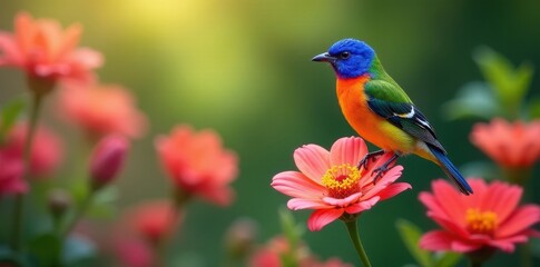 Colorful bird perched on a blooming flower in a vibrant garden , colorful bird, blooming flower