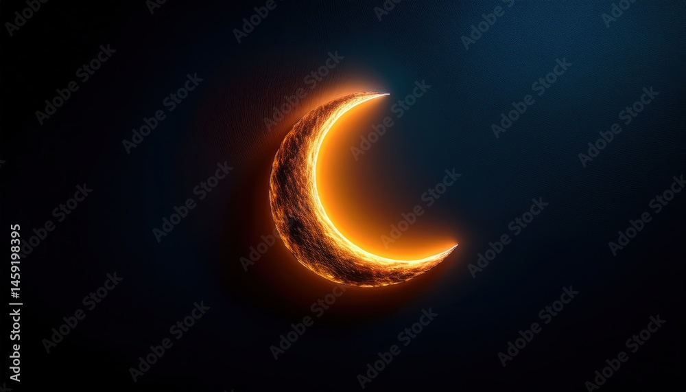 Poster glowing crescent moon with fiery texture on dark background for ramadan themed web design, digital a
