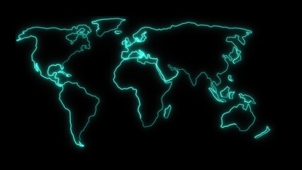 Glowing world map outline in vibrant cyan color on a black background depicting continents and countries representing global concepts