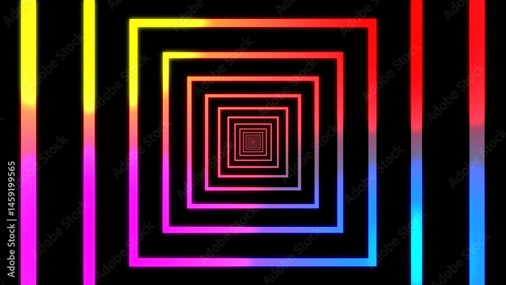 Poster geometric neon tunnel abstract with vibrant colorful squares creating depth and perspective against 