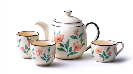 Charming floral pattern teapot with three matching cups, featuring delicate pink flowers and green leaves on white ceramic surface, perfect for elegant tea settings