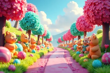 Colorful candy land with a winding road lined with lollipops and gummy bears, sweet, road