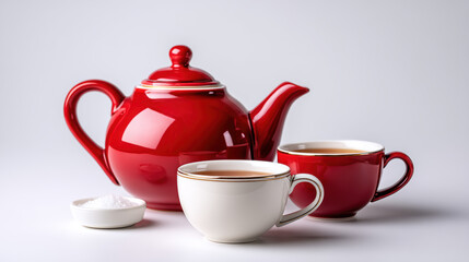 Classic red teapot with two teacups, one white and one red, filled with tea, accompanied by small white sugar bowl, creating cozy and inviting tea setting