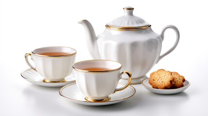 Classic white bone china teapot with two matching teacups filled with tea and small plate of cookies, creating elegant and inviting tea setting