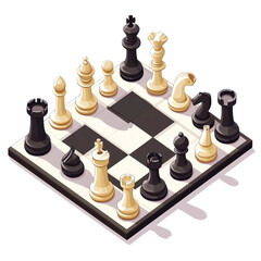 Isometric chessboard illustration showing a game in progress black and white pieces arranged strategically on the board