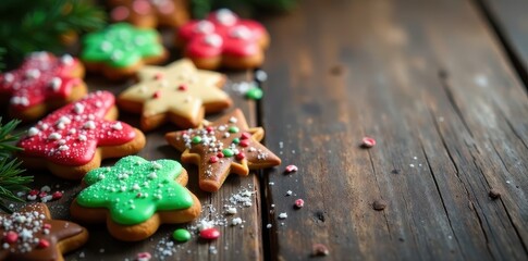 Colorful Christmas cookies scattered on a rustic wooden table, seasonal snacks, holiday cheer
