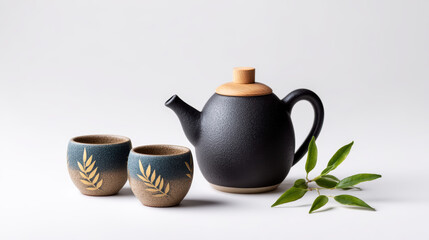 Black ceramic teapot with wooden lid and two matching cups decorated with leaf patterns sit beside green leafy branch on white background, evoking calm and simplicity