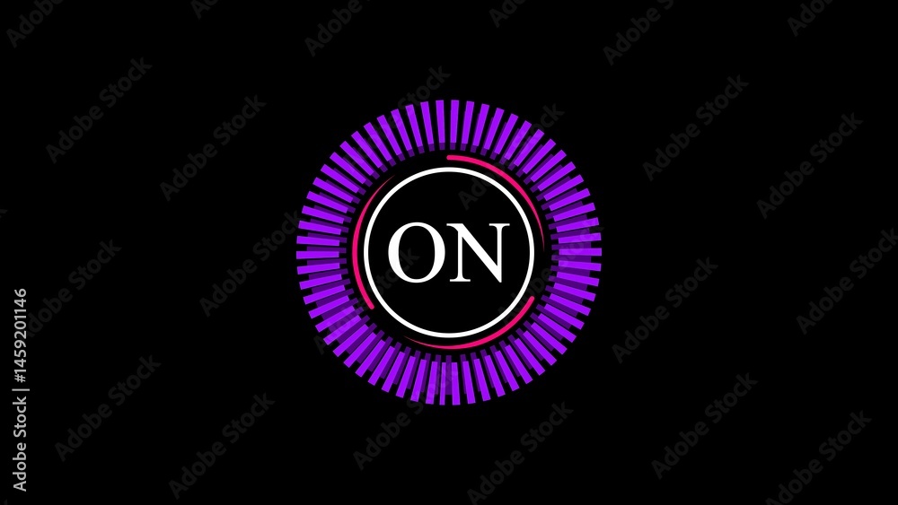Poster modern digital on button graphic with a glowing circle of purple lines on a black background for web