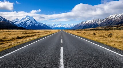 Fototapeta premium Asphalt road disappearing into a majestic mountain range under a vibrant blue sky, offering a sense of journey and adventure. : Generative AI