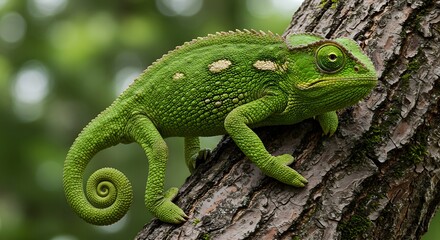Fototapeta premium A chameleon clings tightly to a rugged tree branch while changing color vibrantly