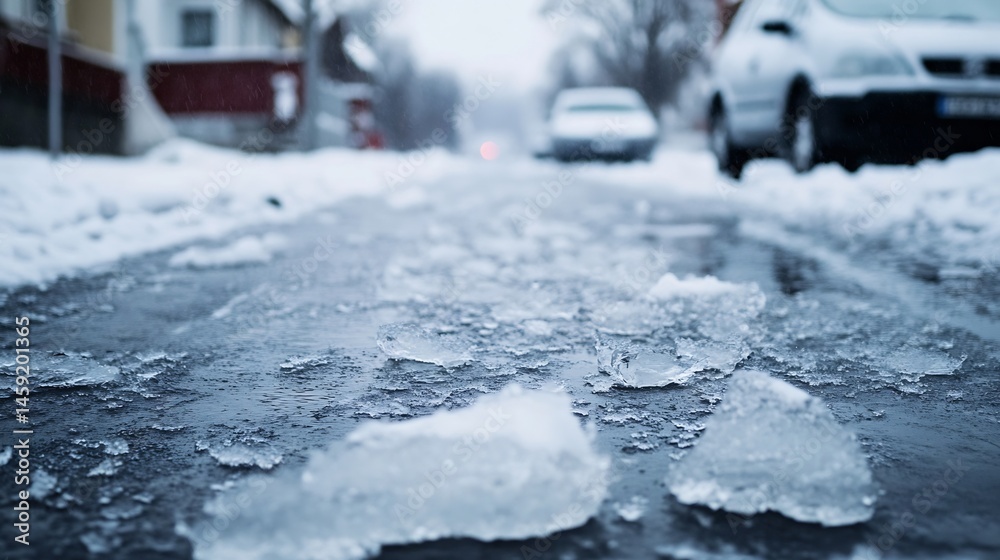 Poster close-up view of melting ice chunks scattered on a dark asphalt road surface during a snowy winter d