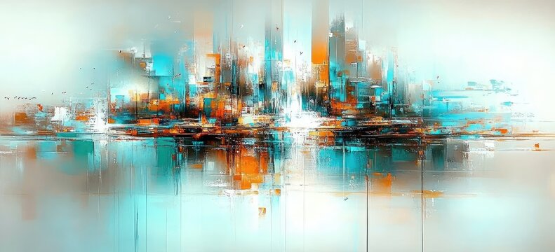 Abstract cityscape reflected on water, vibrant teal, orange, and white paint strokes create a dynamic urban scene
