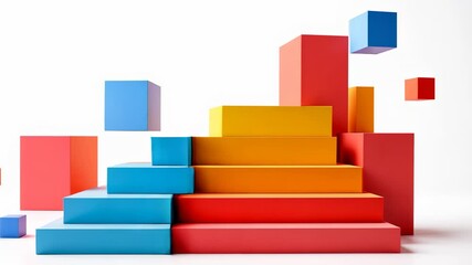 colorful geometric blocks forming a rising staircase, with floating cubes, against a white background - Powered by Adobe