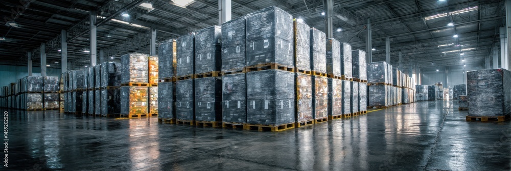 Poster warehouse filled with stacked pallets wrapped in plastic showcasing organized storage of goods in a 