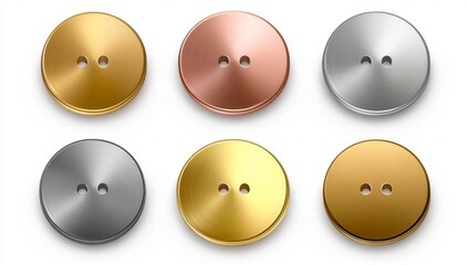 Set of round metallic buttons in gold, rose gold, silver, and gray.  Each button has a conical gradient, and two small holes