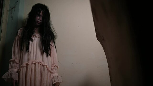 Portrait of asian woman make up ghost,Scary horror scene for background,Halloween festival concept,Ghost movies poster