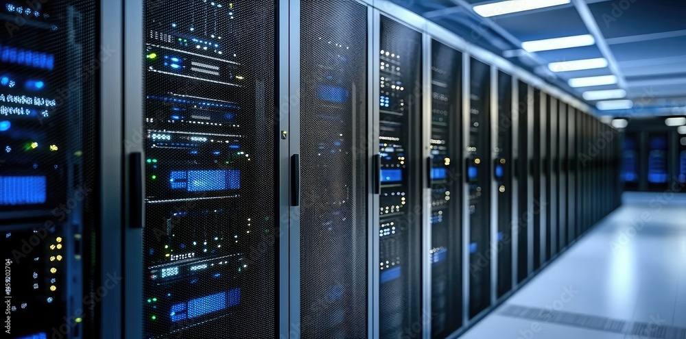 Poster Dimly lit aisle between server cabinets in a high security data center, featuring blue and green indicators for secure networking, ideal for IT infrastructure themes